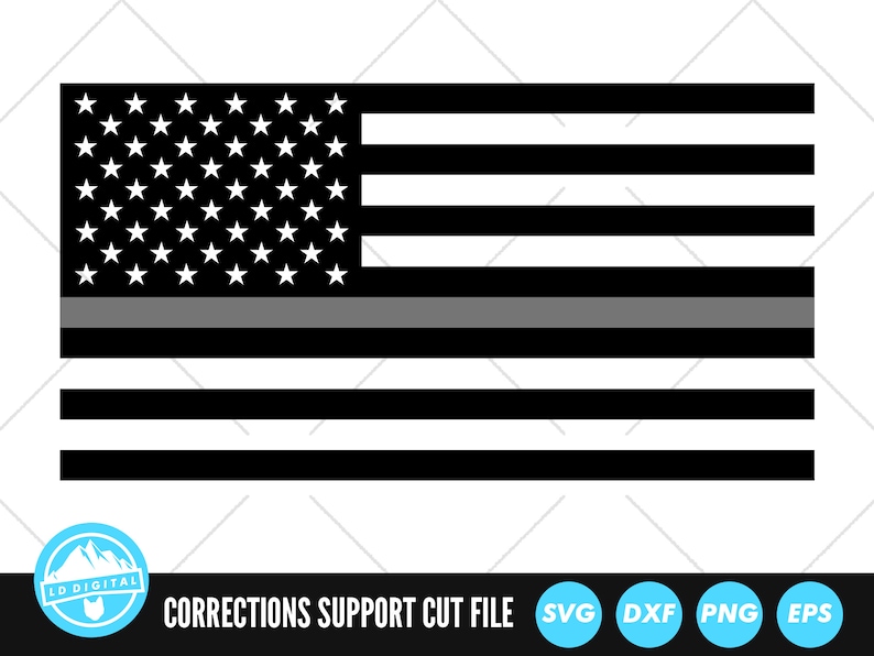 May include: Black and white American flag with a thin gray stripe across the middle. The flag is a digital cut file for crafting projects.  SVG, DXF, PNG, and EPS file formats are included.
