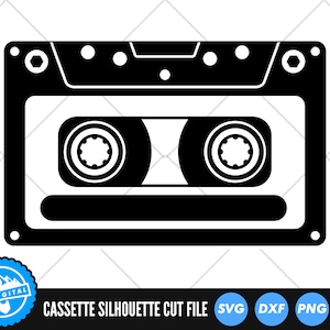 May include: Black and white silhouette of a cassette tape. The cassette tape has a rectangular shape with two round circles on the top and bottom. The cassette tape is a digital cut file.