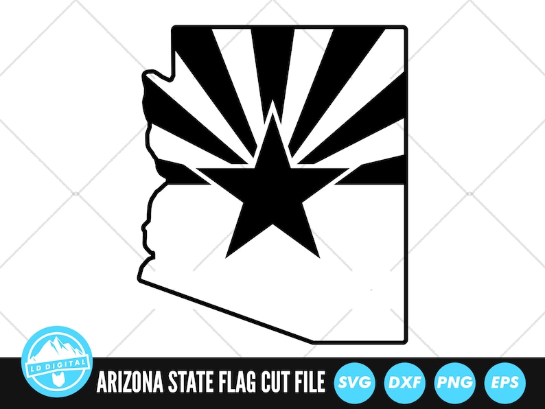 K&ouml;nnte beinhalten: Schwarz-wei&szlig;e Silhouette der Flagge des Bundesstaates Arizona mit einem Stern und Sonnenstrahlen, die die Form des Bundesstaates haben.