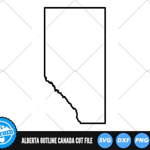 Op de afbeelding: Zwart-witte omtrek van de Canadese provincie Alberta. De omtrek is een snijbestand voor knutselprojecten. De tekst "ALBERTA OUTLINE CANADA CUT FILE" staat onder de omtrek. De woorden "SVG", "DXF", "PNG" en "EPS" staan in cirkels onder de tekst.