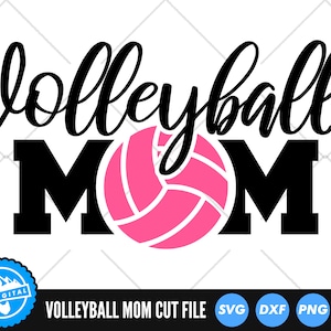 May include: Black and white graphic design with the text "Volleyball Mom" and a pink volleyball in the center.