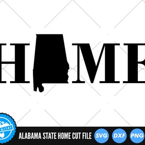 May include: Black and white graphic design of the state of Alabama with the word "HOME" in bold letters. The design is suitable for use as a cut file for crafting projects.