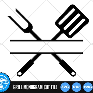 May include: Black and white silhouette of a spatula and a grilling fork crossed over each other. The tools are crossed over a blank space for a monogram. The text "GRILL MONOGRAM CUT FILE" is below the image.  The image is surrounded by a white background.