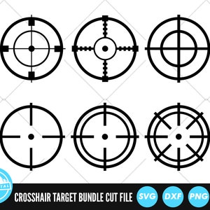 May include: A set of six black and white crosshair target designs. The targets are in a circle shape with different variations of crosshairs.