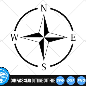 May include: Black and white compass star outline cut file. The compass star is centered in a circle with the letters N, S, E, and W marking the cardinal directions.
