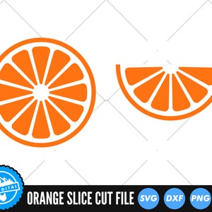 Puede incluir: Un archivo de corte digital de una rodaja de naranja y una naranja entera. La naranja es de color naranja sólido con un contorno blanco. La rodaja de naranja también es de color naranja sólido con un contorno blanco. El archivo está disponible en los formatos SVG, DXF, PNG y EPS.