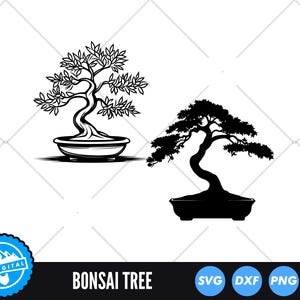 May include: Two black and white silhouette images of bonsai trees. The first image shows a detailed bonsai tree with leaves and a pot. The second image shows a simplified silhouette of a bonsai tree with a pot.