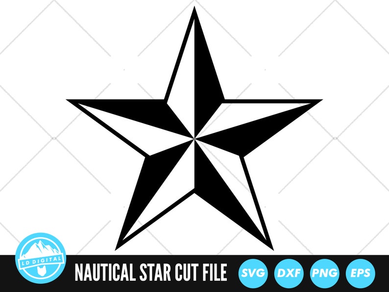 Puede incluir: Archivo de corte de estrella n&aacute;utica en blanco y negro. Se incluyen los formatos de archivo SVG, DXF, PNG y EPS.