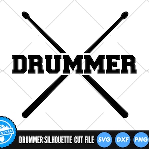 May include: Black and white silhouette of two drumsticks crossed over the word "DRUMMER".