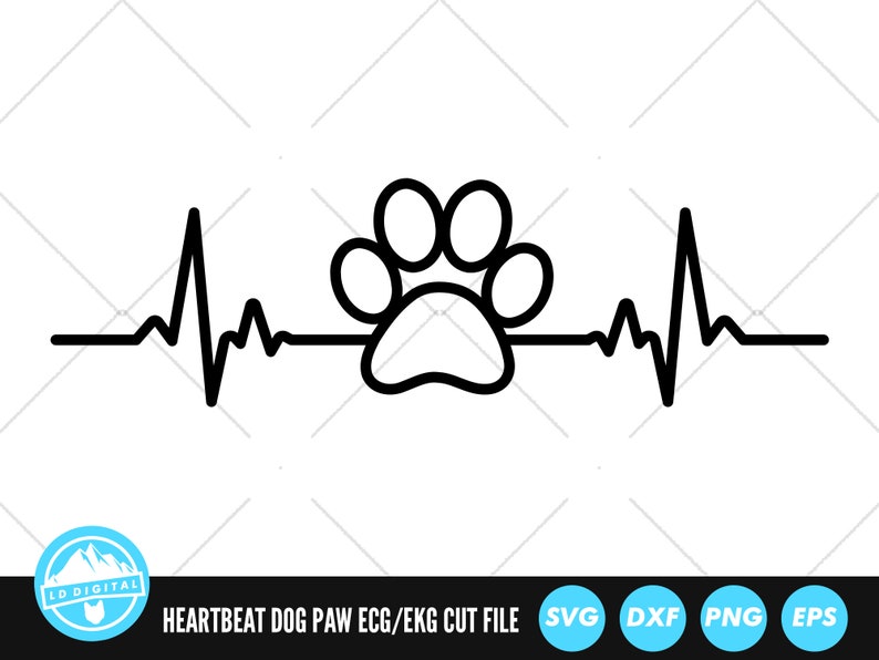 May include: Black and white line art illustration of a dog paw print with a heartbeat line above and below it. The text "HEARTBEAT DOG PAW ECG/EKG CUT FILE" is below the image. The image is surrounded by a white background.