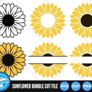 Paquete de archivos SVG de girasol / Archivos de corte de flores / Archivos vectoriales SVG con marco de nombre de girasol / Monograma de girasol / Imágenes prediseñadas de girasol