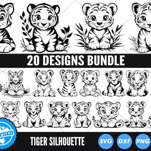 Joli tigre contour Bundle SVG, fichier coupe bébé tigre, Safari animaux SVG, clipart animaux de la jungle, Silhouette de tigre pour Cricut, vecteur de tigre