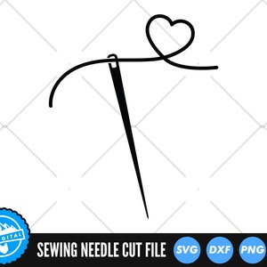 May include: Black and white silhouette of a sewing needle with thread forming a heart shape at the top. The text "Sewing Needle Cut File" is below the image, along with icons for SVG, DXF, PNG, and EPS file formats.
