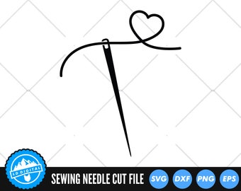 May include: Black and white silhouette of a sewing needle with thread forming a heart shape at the top. The text "Sewing Needle Cut File" is below the image, along with icons for SVG, DXF, PNG, and EPS file formats.