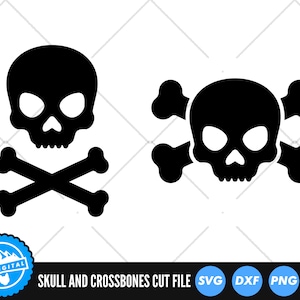 May include: Two black skull and crossbones designs. One skull has crossed bones beneath it, the other has the bones behind the skull. The text "SKULL AND CROSSBONES CUT FILE" is at the bottom.