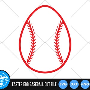 Puede incluir: Huevo de Pascua rojo en forma de pelota de béisbol con costuras blancas. El huevo es un archivo de corte para proyectos de manualidades. Se incluyen los formatos de archivo SVG, DXF, PNG y EPS.