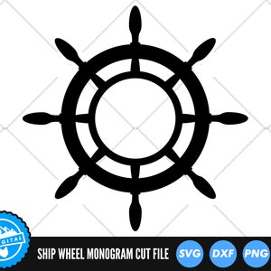 Könnte beinhalten: Schwarz-weiße Silhouette eines Schiffsrades mit acht Speichen. Das Rad ist eine Monogramm-Schneidedatei, verfügbar in den Formaten SVG, DXF, PNG und EPS.