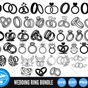 Op de afbeelding: Een verzameling zwart-witte trouwringontwerpen, waaronder banden, diamanten ringen en in elkaar grijpende ringen. De afbeelding bevat ook de tekst "WEDDING RING BUNDLE" en verschillende bestandstype-pictogrammen.