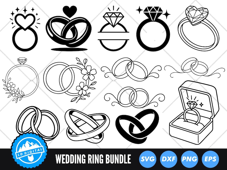 Wedding Ring SVG Bundle, Engagement Ring SVG Vector Files, Diamond Ring ...