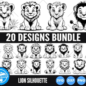 Könnte beinhalten: Schwarz-Weiß-Löwen-Silhouette-Designs. Das Bild zeigt 20 verschiedene Löwenillustrationen, jede mit einer einzigartigen Pose und einem einzigartigen Ausdruck. Der Text "20 DESIGNS BUNDLE" wird prominent angezeigt. Auch die Worte "LION SILHOUETTE" sind enthalten.