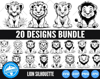 Cute Lion Outline Bundle SVG, Baby Lion Cut File, Safari Animal SVG, Jungle Animal Clipart, Lion Silhouette for Cricut, Lion Outline Vector