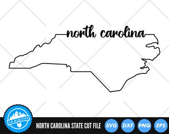 May include: A black and white outline of the state of North Carolina with the text "north carolina" written above the outline.