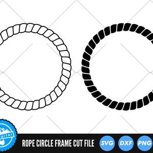 May include: Two black rope circle frames, one with a white outline and one without. The frames are isolated on a white background.  SVG, DXF, PNG, and EPS file formats are listed below the frames.