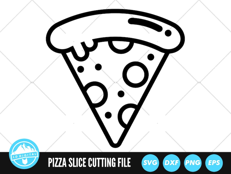 May include: A black and white line drawing of a pizza slice with melted cheese and pepperoni. The slice is in the shape of a triangle with a curved crust.