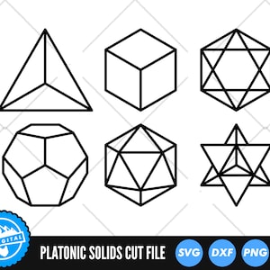 Könnte beinhalten: Eine Reihe von Schwarzweiß-Linienzeichnungen der fünf platonischen Körper: Tetraeder, Würfel, Oktaeder, Dodekaeder und Ikosaeder. Die geometrischen Formen sind in Schwarz auf weißem Hintergrund umrandet. Der Text "PLATONIC SOLIDS CUT FILE" befindet sich am unteren Rand des Bildes.