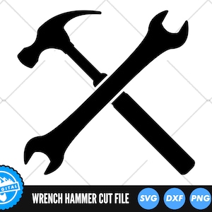 Puede incluir: Silueta negra de un martillo y una llave inglesa cruzados. La imagen incluye el texto "WRENCH HAMMER CUT FILE" y los iconos de tipo de archivo SVG, DXF, PNG y EPS. Un logotipo azul y blanco está en la esquina inferior izquierda.