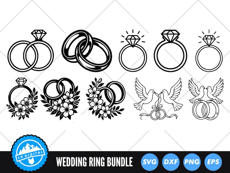 Wedding Ring SVG Bundle, Engagement Ring SVG Vector Files, Diamond Ring ...