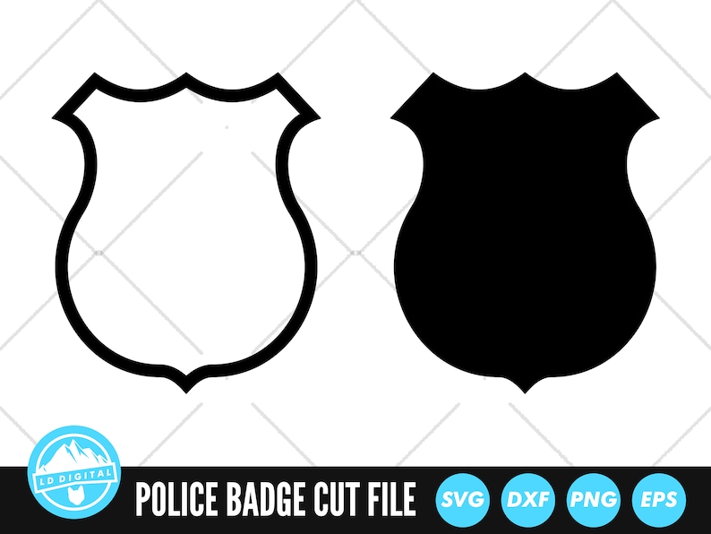 May include: A black and white outline of a police badge. The badge is a simple shape with a rounded bottom and a pointed top. The badge is a cut file for crafting projects.