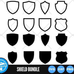 Może przedstawiać: Zbiór wzorów tarcz w kolorze czarno-białym. Tarcze mają różne kształty, w tym spiczaste, zaokrąglone i ząbkowane krawędzie. Poniżej tarcz znajduje się napis "SHIELD BUNDLE" wraz z ikonami SVG, DXF, PNG i EPS.