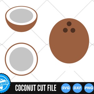 May include: A digital cut file of a brown coconut with three brown eyes. The coconut is whole and half, with the inside of the half being white.
