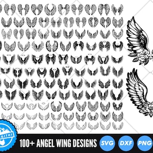 May include: A selection of over 100 angel wing designs in black and white. The image features diverse wing styles, from detailed feather patterns to simple outlines, and the text "100+ Angel Wing Designs". Formats include SVG, DXF, PNG, and EPS.