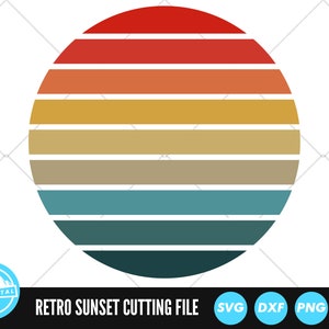 May include: A retro sunset design with horizontal stripes in shades of red, orange, yellow, brown, blue, and green. This digital download is perfect for crafting projects.