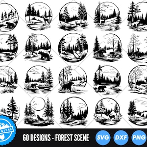 Forest Scene SVG Files, Forest Wildlife SVG Bundle, Deer Bear Forest dxf, Woodland PNG, Nature Silhouette Vector, Forest Landscape