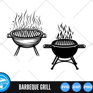 May include: Two black and white illustrations of a barbecue grill with flames. The grill on the left has a more detailed design with a round base and legs. The grill on the right has a more simple design with a rectangular base and legs.