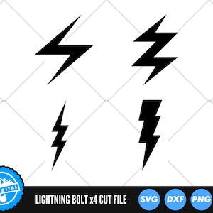 May include: Four black lightning bolt designs, each with a different shape. The designs are arranged in a grid pattern. The text "LIGHTNING BOLT x4 CUT FILE" is below the designs. The text "SVG DXF PNG EPS" is below the text.