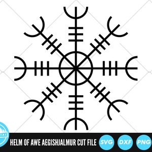 May include: Black and white line art illustration of the Helm of Awe, a Norse symbol of protection. The symbol is a circle with eight spokes, each with a different design. The Helm of Awe is also known as the Aegishjalmur.