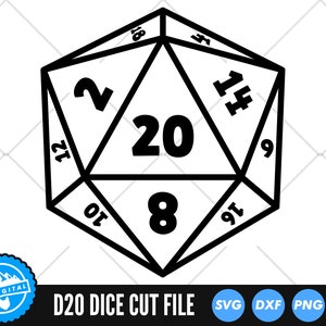 May include: A black and white illustration of a twenty-sided die, also known as a D20, with numbers 2, 12, 18, 4, 14, 20, 8, 6, and 16 visible.  D20 DICE CUT FILE SVG DXF PNG EPS