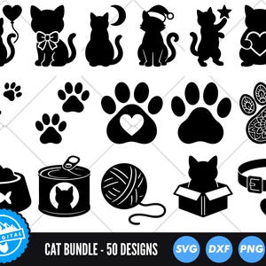May include: A collection of black cat-themed designs, including cat silhouettes, paw prints, and cat-related items like a food bowl, a can of cat food, and a ball of yarn. The text "CAT BUNDLE - 50 DESIGNS" is displayed.
