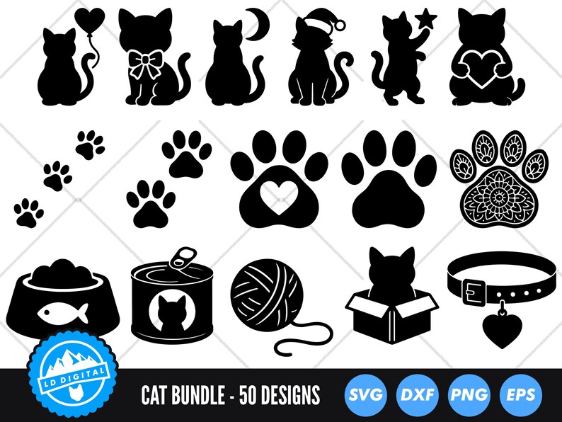 May include: A collection of black cat-themed designs, including cat silhouettes, paw prints, and cat-related items like a food bowl, a can of cat food, and a ball of yarn. The text "CAT BUNDLE - 50 DESIGNS" is displayed.