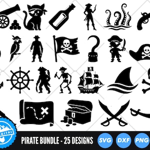 May include: Black and white pirate-themed digital designs. Includes a cannon, pirate cat, bottle, pirate woman, octopus, pistol, sword, parrot, pirate, flag, hook, pirate boy, hat, anchor, ship wheel, pirate, pirate skeleton, ship, shark fin, skull and crossbones, spyglass, treasure map, treasure chest, and crossed swords.