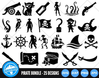 Bundle SVG pirate, fichiers coupés pirate, Silhouette pirate, tête de mort SVG, SVG de carte de pirate, clipart pirate, bateau pirate Svg