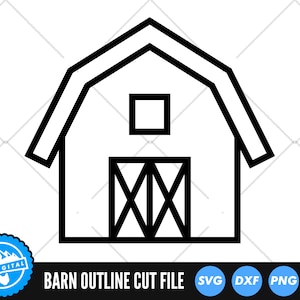 May include: Black and white outline of a barn with a single door and a window. The barn is a simple design with a gable roof. The text "BARN OUTLINE CUT FILE" is below the image. The image is surrounded by a white grid pattern.