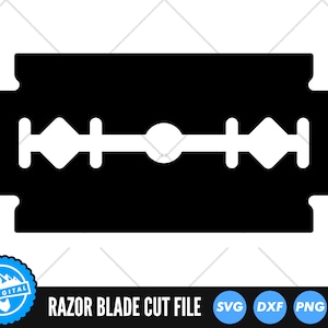 May include: Black and white silhouette of a razor blade. The blade has a central hole and two diamond-shaped holes on either side.