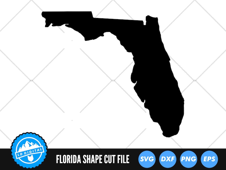 May include: Black silhouette of the state of Florida. The outline of the state is cut out against a white background. The image is a digital cut file for crafting projects.