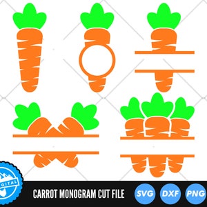 May include: A set of five digital cut files featuring carrot designs for creating personalized monograms. The designs include a single carrot, a carrot with a circle for a monogram, a split carrot with a space for a monogram, and two variations of a group of three carrots with a space for a monogram. The files are available in SVG, DXF, PNG, and EPS formats.
