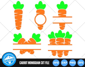 Paquete de monogramas de zanahoria naranja (archivos SVG) / Archivos de corte de marco de nombre dividido de zanahoria / Archivos vectoriales SVG de zanahoria de Pascua / Vector de zanahoria de conejito de Pascua